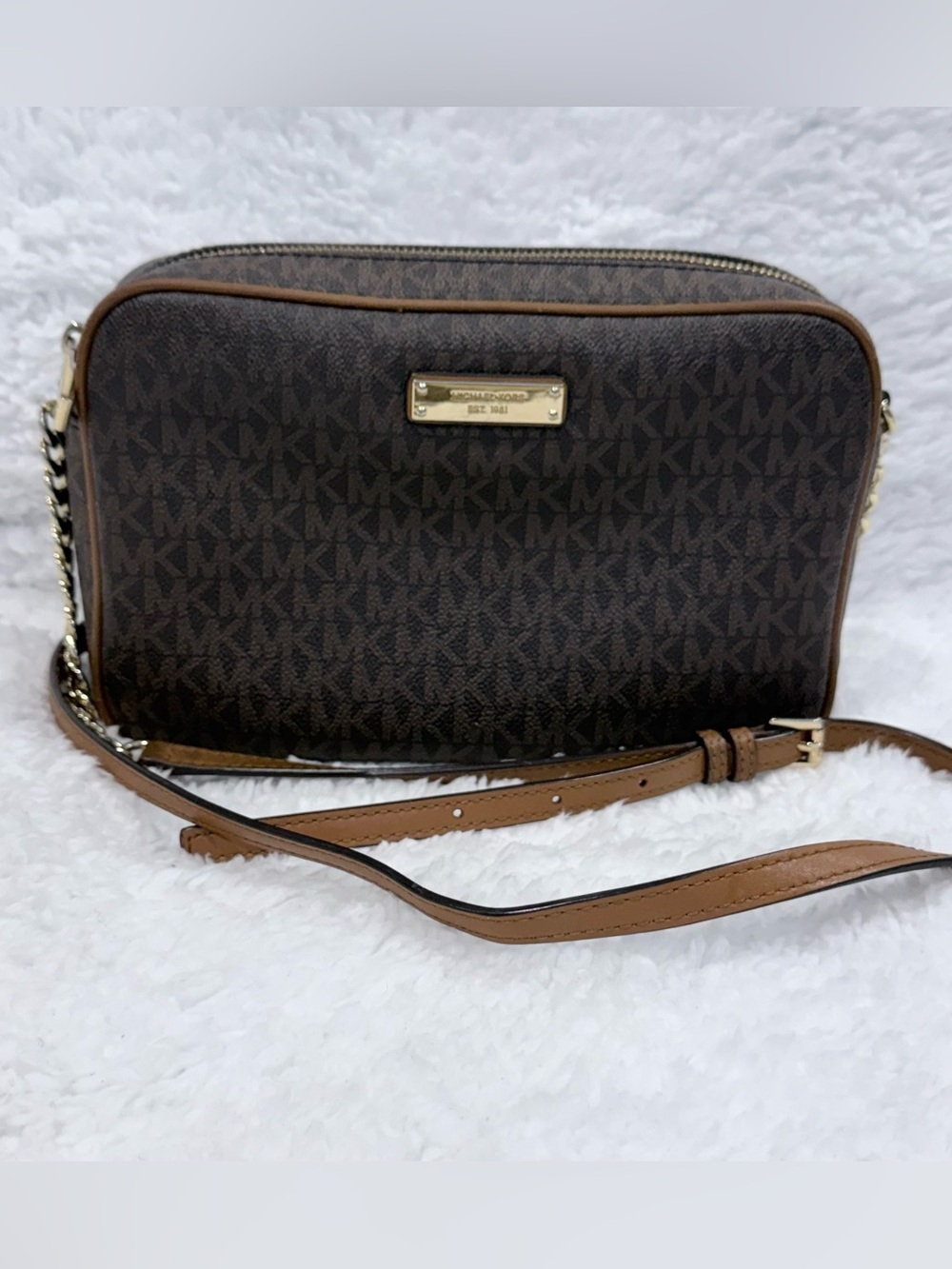 Michael Kors Jet Set Signature MK Brown Crossbody Bag Gold Chain